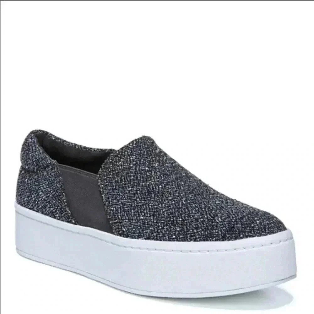 Vince Warren Platform Sneakers Gray Tweed Notched Vamp Cushioned Slip Ons
